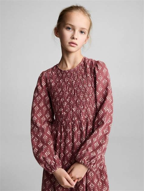 Mango Kids' Pepita Shirred Long Sleeve Flared Dress, Dark Red/Multi