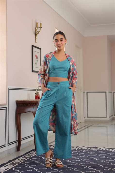 Blushing Blooms Pink And Aqua Blue Cotton Three Piece Co-ord set