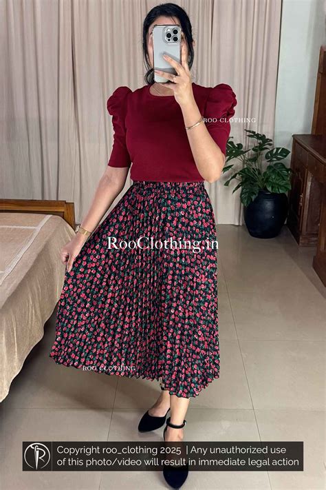 Midi Length Red Floral Print Black Accordion Pleated Skirt Only – ROO ...