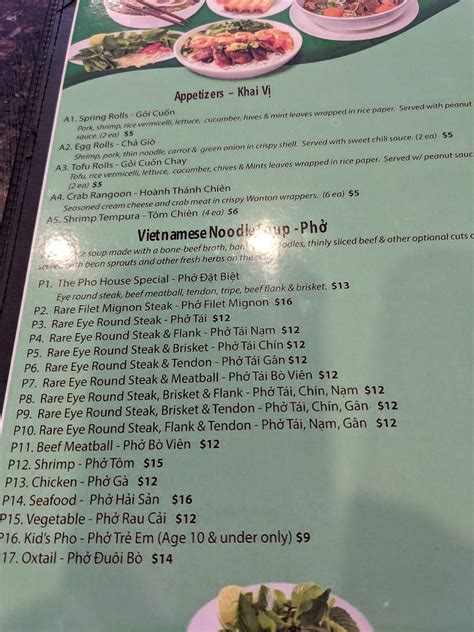 Menu at Pho House restaurant, Bradenton