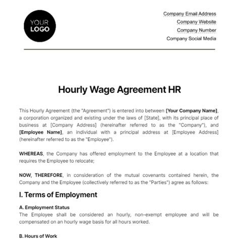 Free Hourly Wage Agreement HR Template to Edit Online
