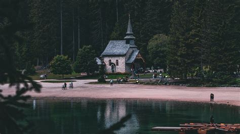 Wallpaper building, lake, trees, shore, nature hd, picture, image