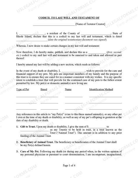 Rhode Island Codicil to Will Form for Amending Your Will - Testamentary ...