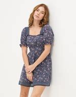 Buy American Eagle Women Blue Floral Puff-Sleeve Corset Mini Dress Online