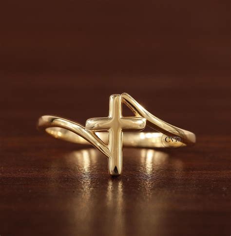 14K Solid Gold Ring Cross Religious Minimalist Dainty Christian Cross ...