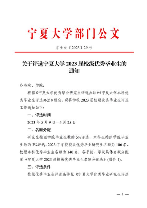 关于评选宁夏大学2023届校级优秀毕业生的通知（学生处〔2023〕29号）-宁夏大学学生工作部