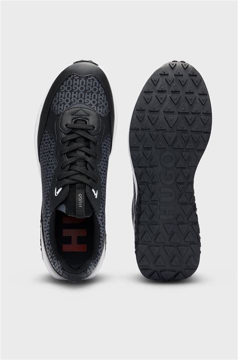 HUGO - Mixed-material trainers with repeat-logo details - Black