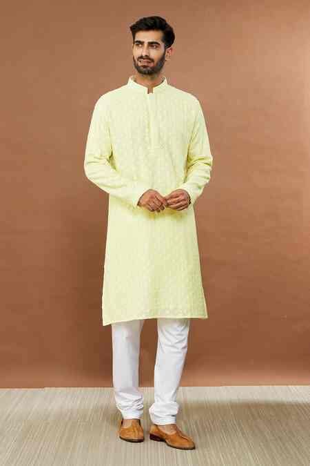 Buy Yellow Cotton Sequins Suryamukhi Embroidered Kurta And Churidar Set ...