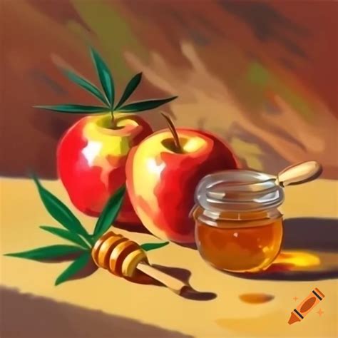 Impressionist painting of apples, honey, and marijuana leaves on Craiyon