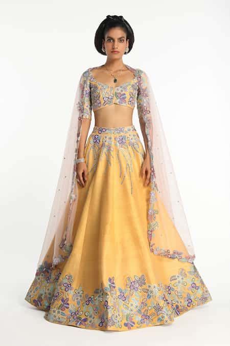 Buy Yellow Silk, Tulle Gleamora Floral Applique Embellished Bridal ...