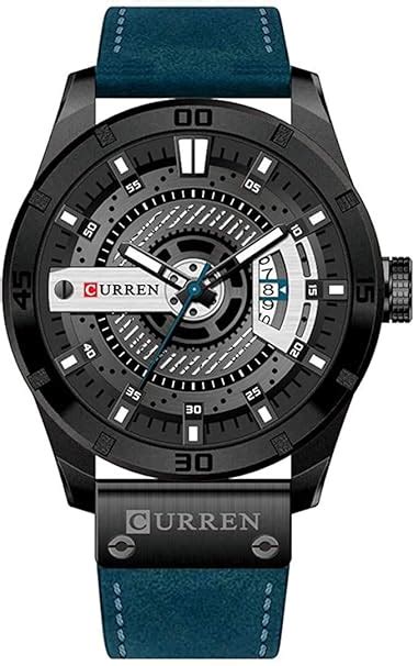 CURREN Luxury Leather Quartz Chronograph Analogue Black Blue Men Casual ...