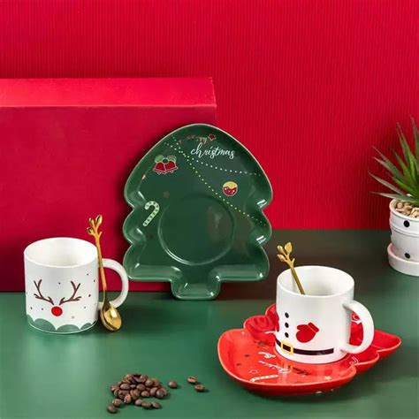 Merry Christmas Ceramic Cup, Saucer & Spoon Set – Red & Green Festive ...