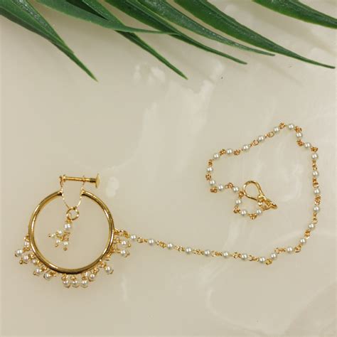 White Pearls Embellished Gold Finish Clip On Nosepin/Nose Ring with Ch ...