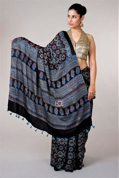 Buy Black Starry Jaal Ajrakh Modal Silk Saree - House Of Elegance ...