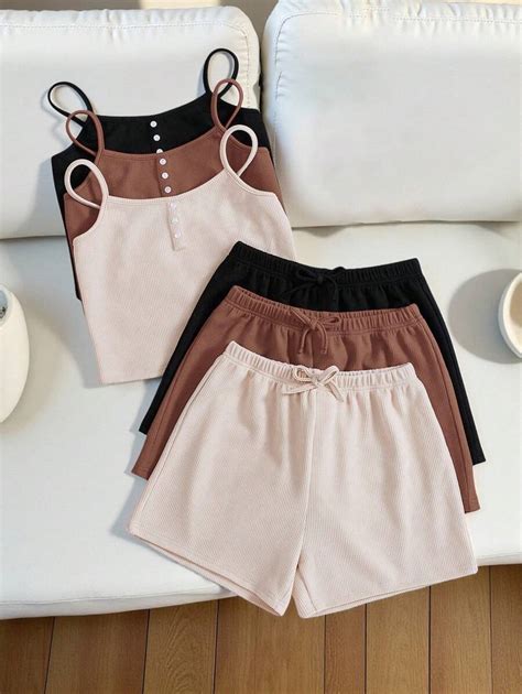 SHEIN 6pcs/Set Tween Girl Knitted Solid Color Tank Top And Shorts ...
