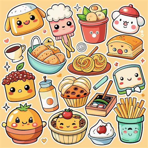 Cute cartoon food icons with happy faces perfect for stickers branding ...