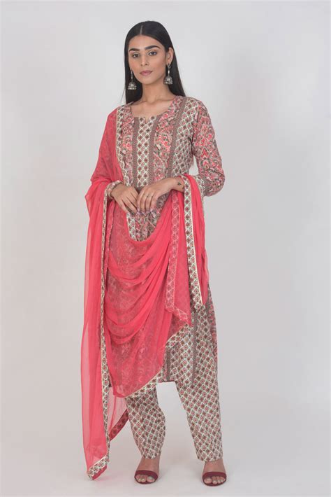 Hot Pink Chiffon Dupatta with Print & Gota Border - Vishnu