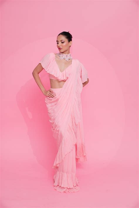Whimsical Blush: Baby Pink Ruffle Saree, Blouse, and Embroidered Choke ...