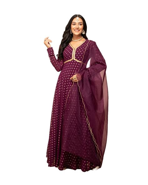 FIORRA Women's Wine Georgette Printed Gown with Dupatta SET0129 ...