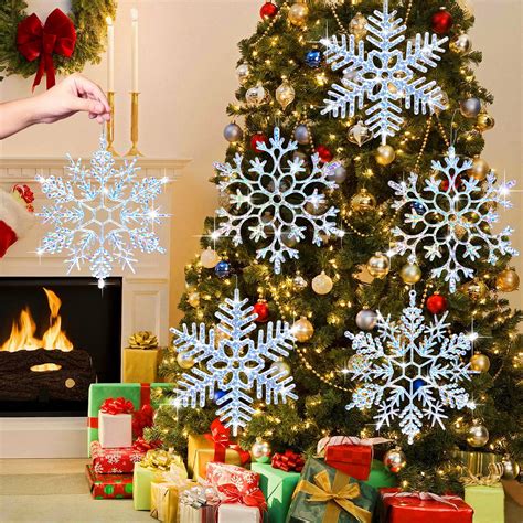 Ayieyill 6pc 12'' Glittered Large Plastic Snowflakes Decor - Iridescent ...