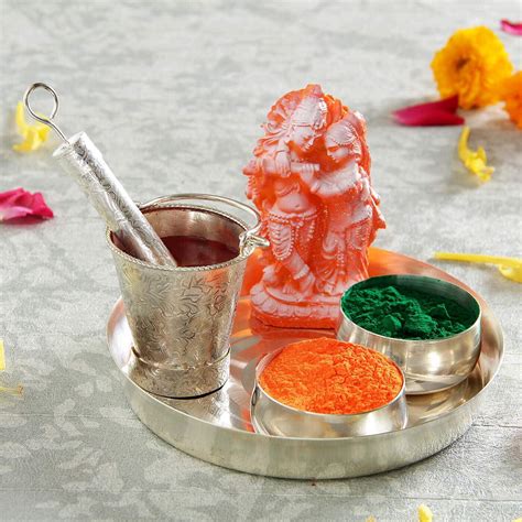 Radha Krishna with Pooja Thali and Holi Gulal | CakeGift.in