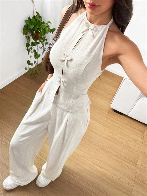 SHEIN EZwear Women's Solid Color Linen Bow Detail Halter Neck Crop Tank ...