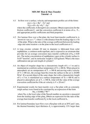 heat and mass transfer tut 2 - MIN-305 Heat & Mass Transfer Tutorial ...