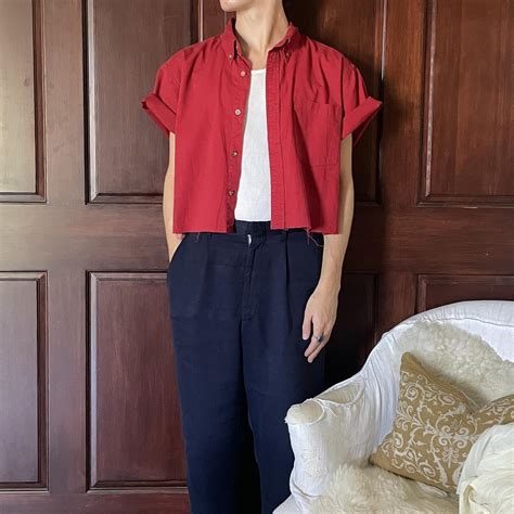 Cropped Red Collared Shirt 100% Cotton Raw... - Depop