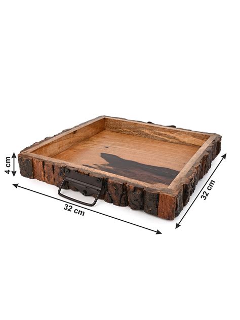 Mango wood crafted square wooden serving tray with natural bark edge