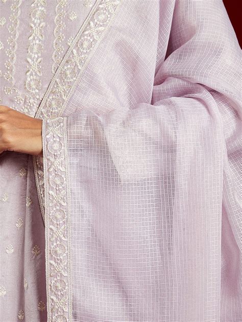 Buy Libas Art Lilac Embroidered Silk A-Line Kurta With Palazzos ...