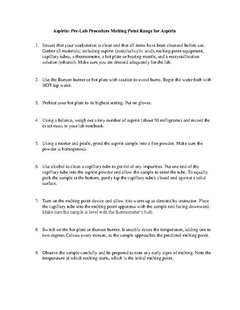 Aspirin Pre-Lab Procedure Melting Point Range for Aspirin (1) - Aspirin ...
