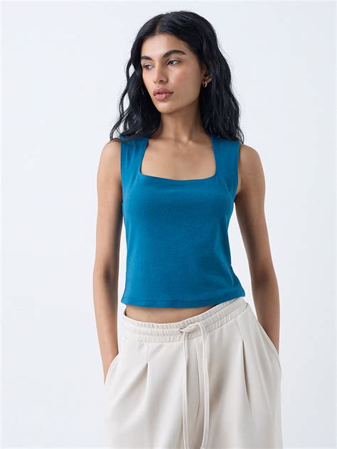Buy Superstar Teal Solid Cotton-Blend Tank Top from Westside