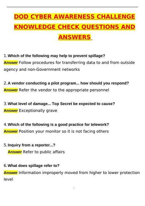 DOD CYBER AWARENESS CHALLENGE KNOWLEDGE CHECK (Latest 2025 / 2026 ...