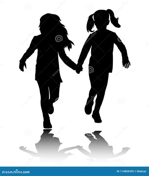 Two Preschooler Girls Holding Hands And Running Silhouettes Cartoon Vector | CartoonDealer.com ...