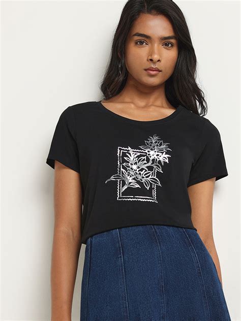 Buy LOV Black Graphic Print Cotton T-Shirt from Westside