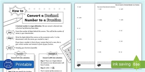 How to Convert a Decimal Number to a Fraction: Activity Sheet and Examples