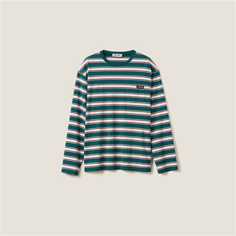 Green/white/cognac Long-sleeved Cotton Jersey T-shirt | Miu Miu