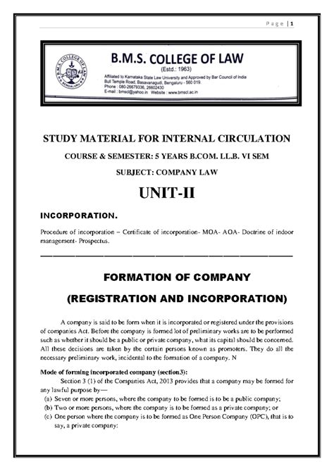 Company Law (B.Com LL.B VI Sem): Incorporation Procedures & Prospectus ...