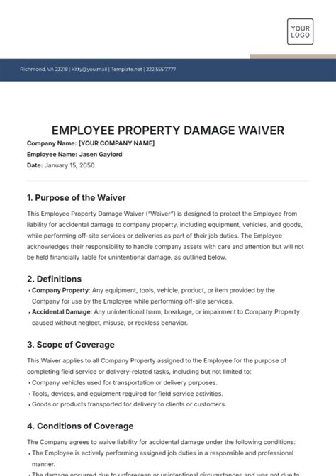 Free Employee Property Damage Waiver Template to Edit Online