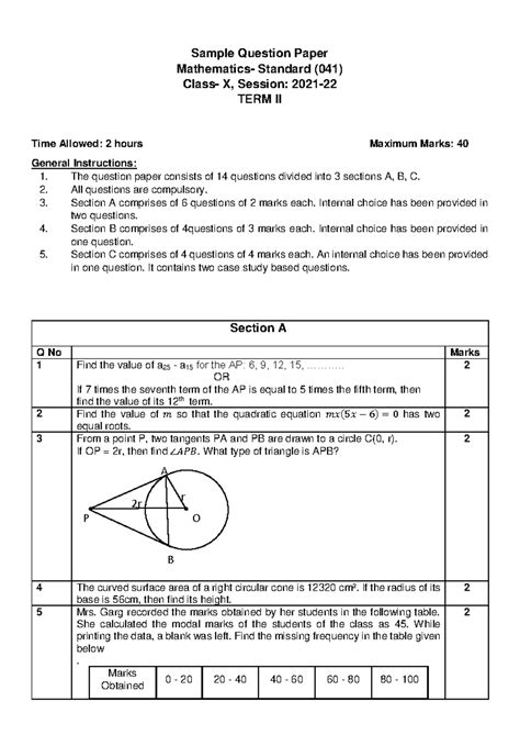 Maths Standard (041) Sample Question Paper - Term II - Studocu