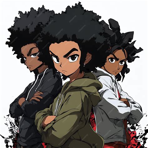 Three Black Cartoon Characters with Afro Hairstyles Standing Together ...