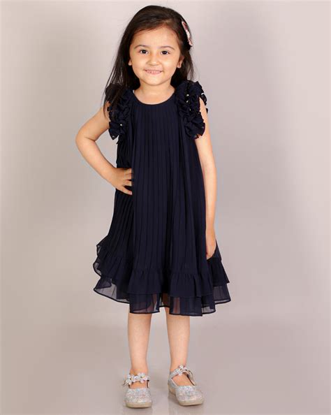 Lil Drama Glam up Girls Navy pleated Party Dress with Ruffle on sleeves ...