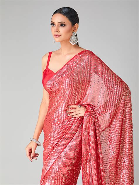 Tomato Pink Dazzling Sequin Saree – Tirumala Designers