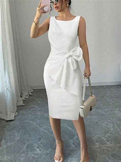 New Arrival Women's Solid Color Bow Decor Round Neck Sleeveless Slit ...