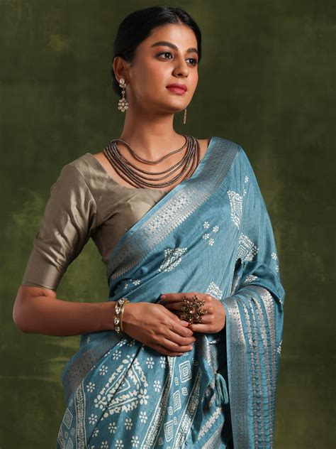 Buy Blue Printed Silk Blend Saree With Unstitched Blouse Piece Online ...