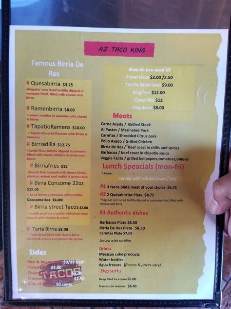 Menu at AZ Taco King restaurant, Phoenix