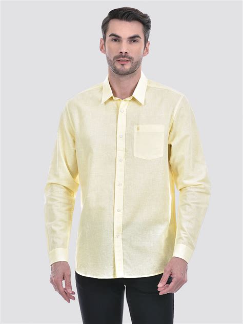 Buy Men's Cotton Linen Solid Yellow Full Sleeve Shirt Online | Numero Uno
