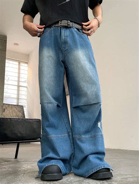 Manfinity EMRG Men's Washed Navy Blue Loose Wide-Leg Jeans, Plain Dark ...