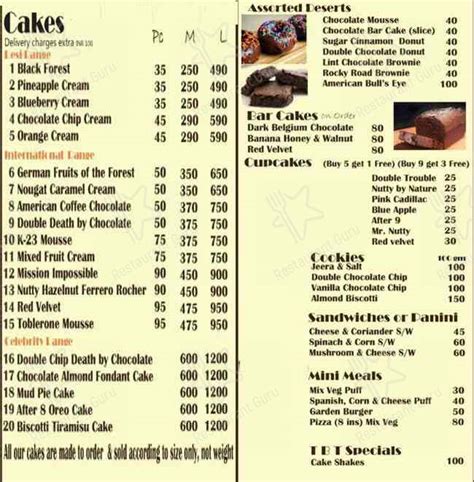 Menu at Bakers Table, New Delhi