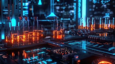 Medical research lab with glowing test tubes and digital charts ...
